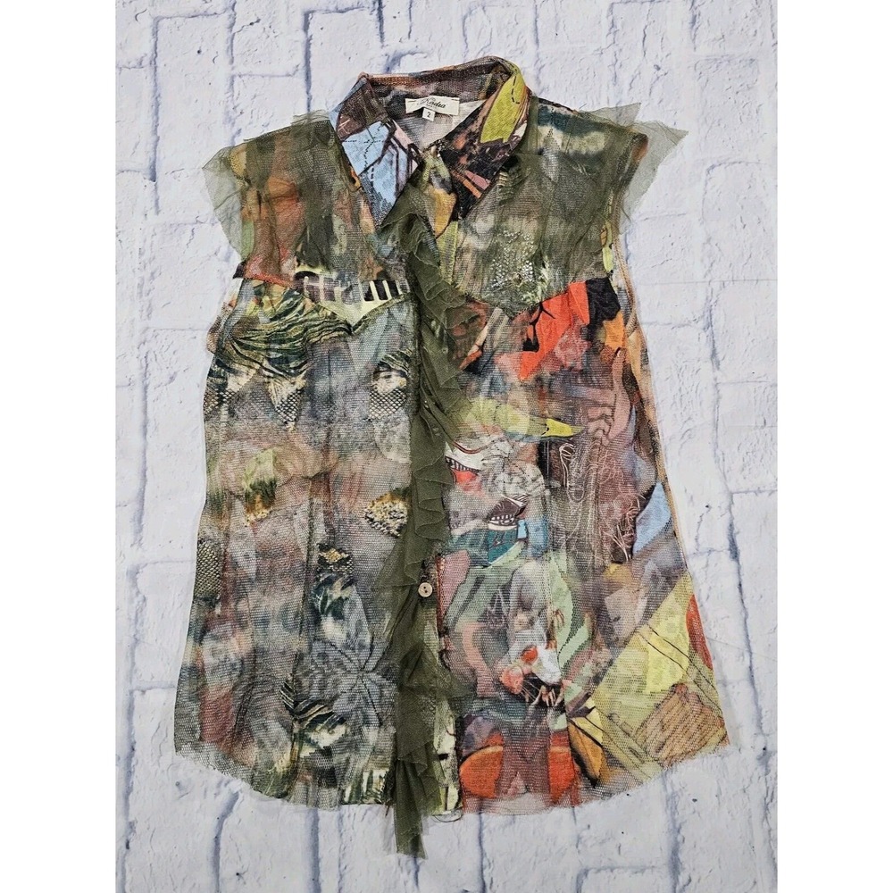 Kadra Paris WOMENS SIZE 2 Shirt Sheer Floral Sleeveless Button Blouse